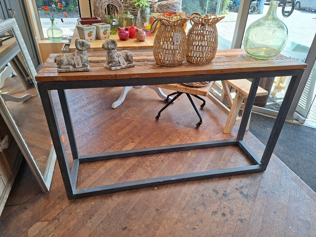 Industriële houten sidetable 150 cm, Ophalen, Grenenhout, Zo goed als nieuw, 150 tot 200 cm