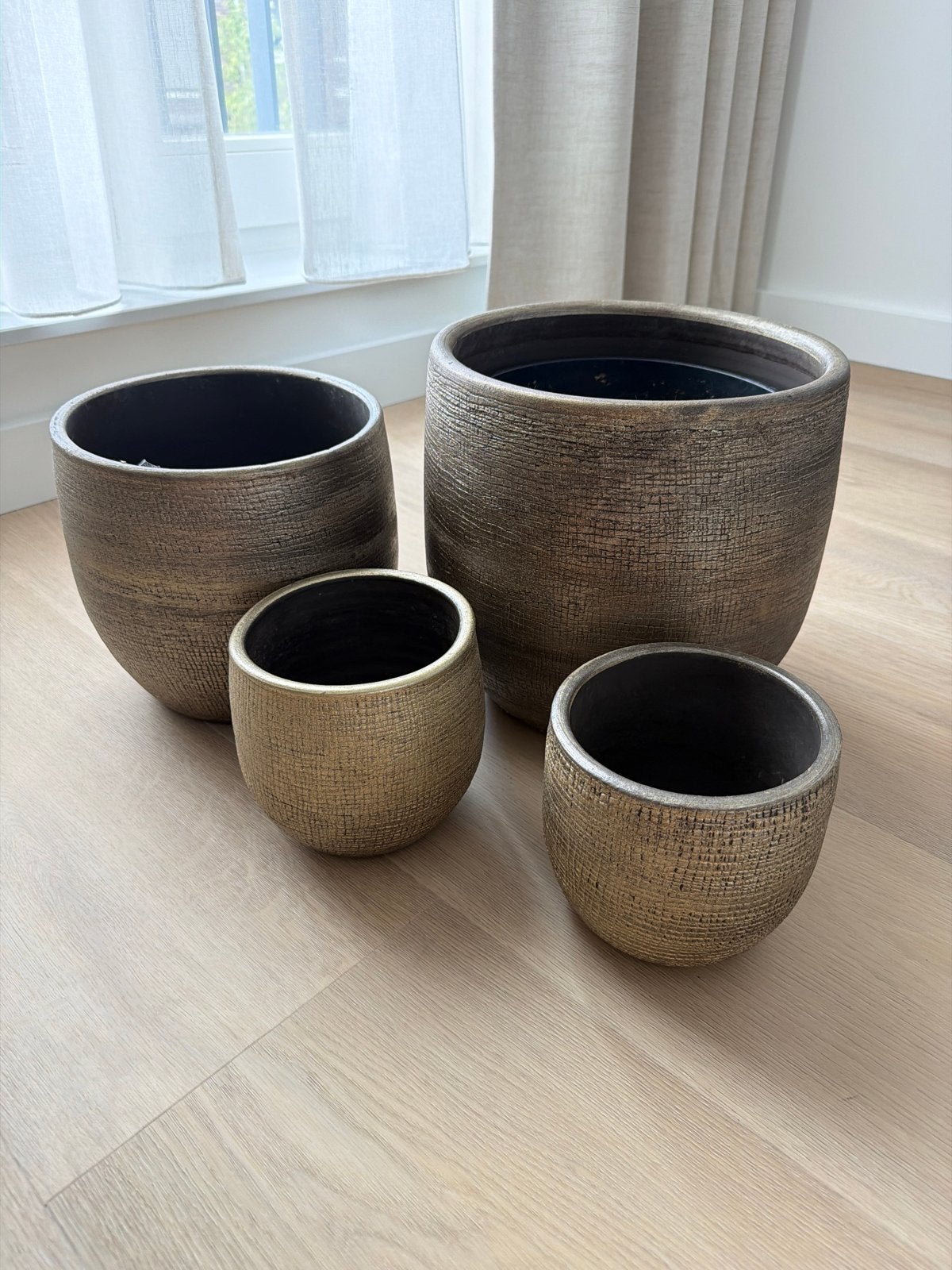 Set van 4 gouden Intratuin bloempotten, Tuin en Terras, Bloempotten, Zo goed als nieuw, Overige materialen, Binnen, Minder dan 40 cm