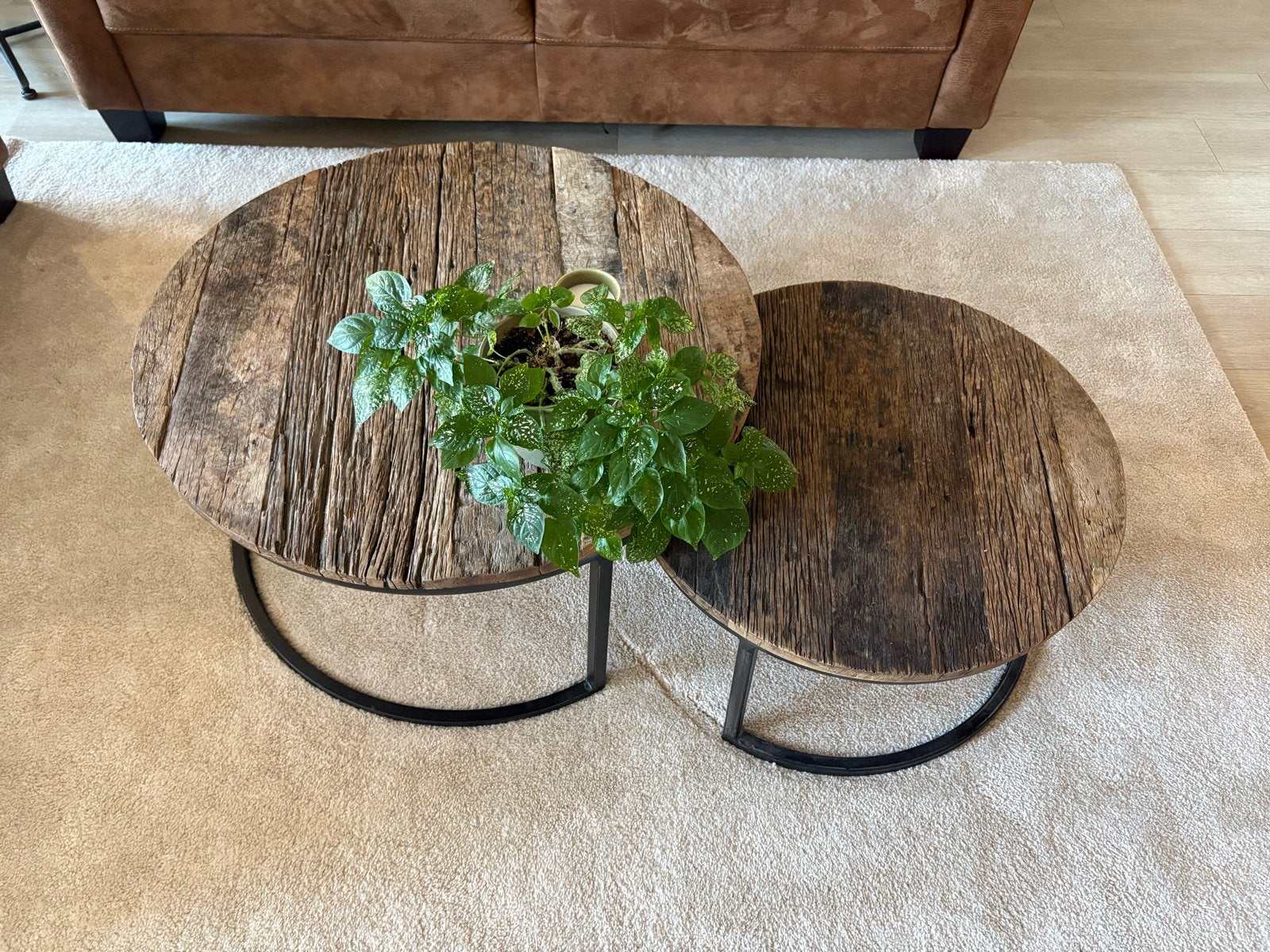 Salontafel set van 2, rond, hout en metaal, Ophalen, Rond, 50 tot 100 cm, Zo goed als nieuw