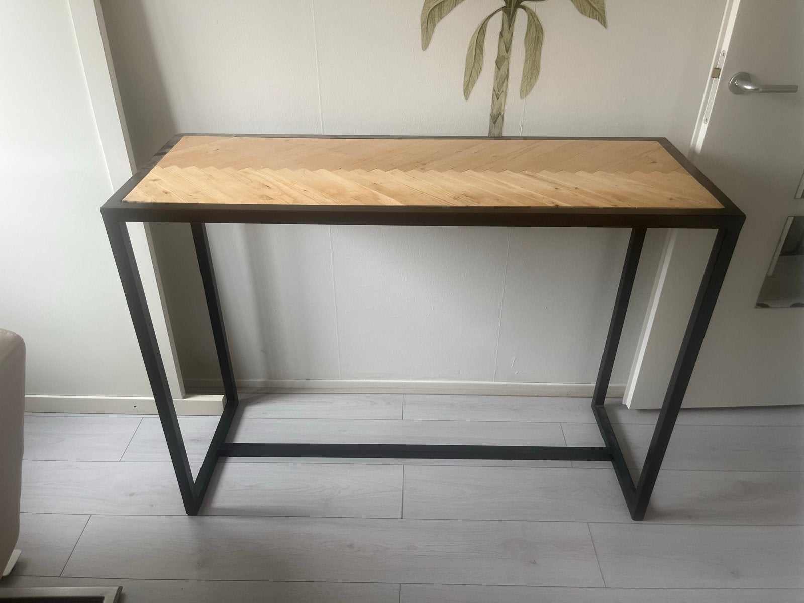 Handgemaakte stalen console tafel met houten blad, Ophalen, Gebruikt, 100 tot 150 cm, Metaal