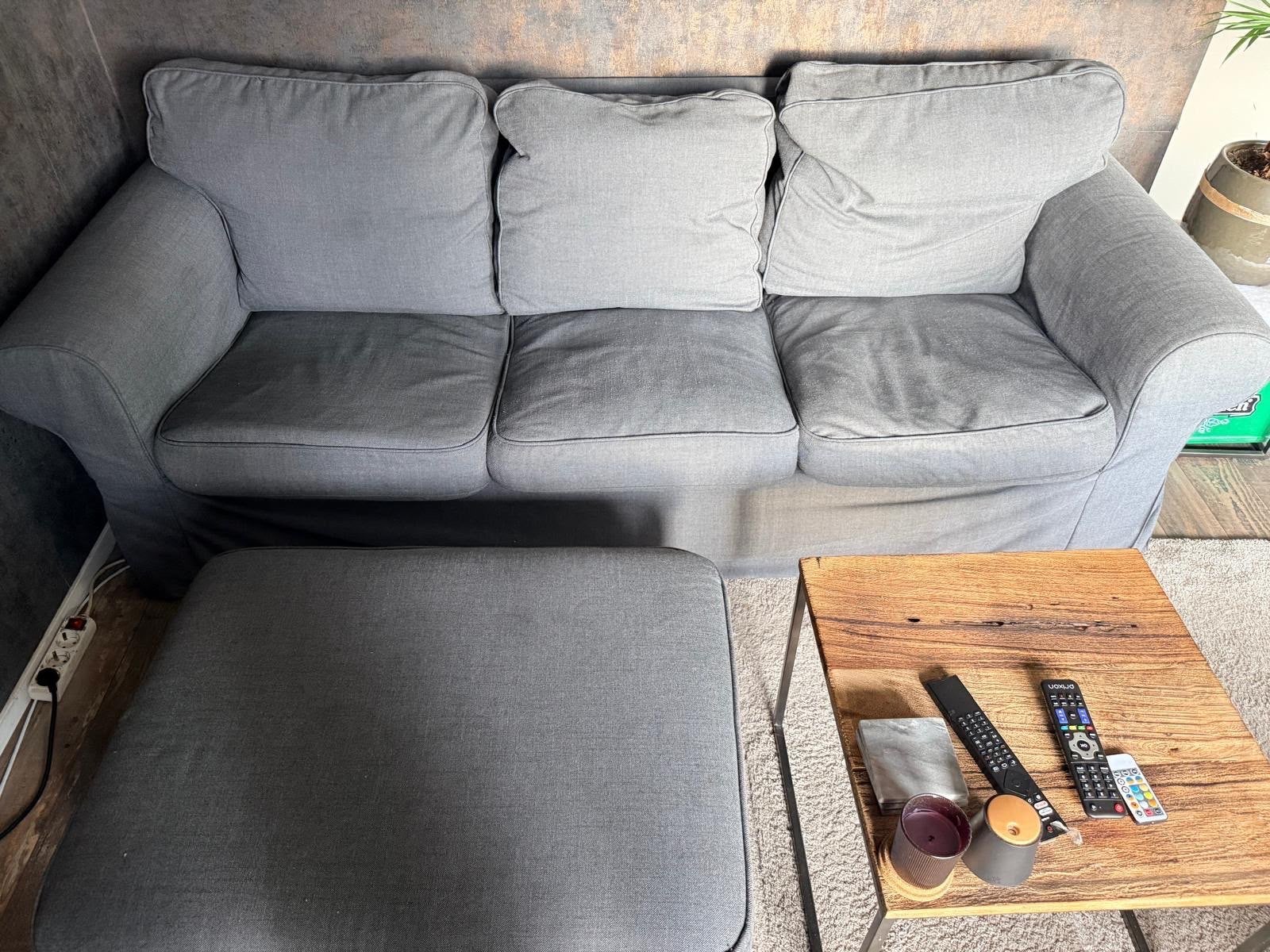 IKEA EKTORP 3-zitsbank met hocker - Grijs, Ophalen, Gebruikt, Driepersoons, 75 tot 100 cm