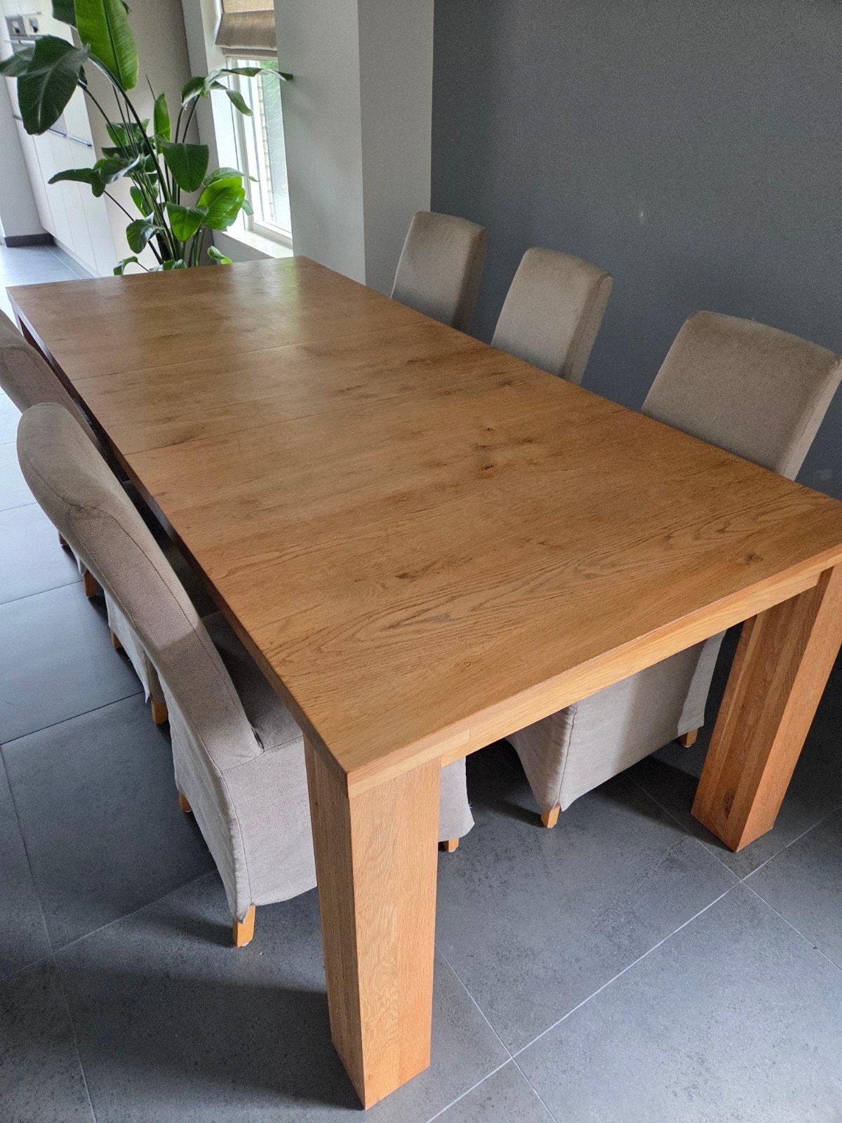 Uitschuifbare eettafel massief eikenhout 180-270cm, Ophalen, Gebruikt, Eikenhout, 50 tot 100 cm