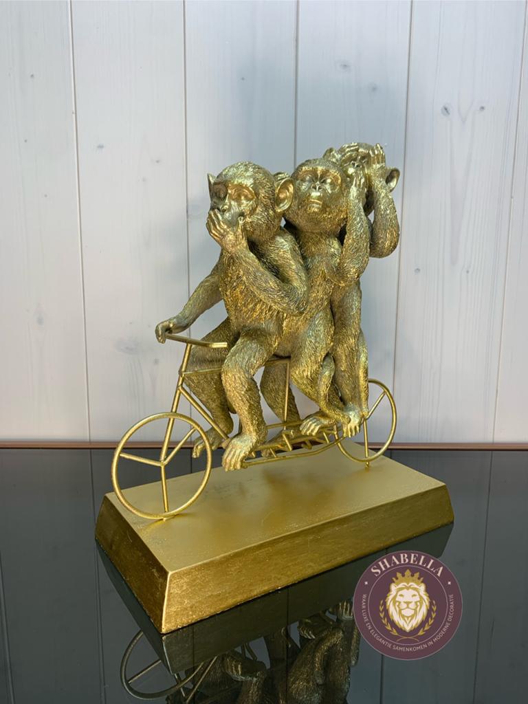 3 apen op een fiets - horen, zien en zwijgen - Shabella-deco, Shabella, Nieuw, Ophalen of Verzenden, Goud
