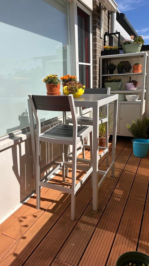 Ikea balkonset Själland grijs metaal tafel + 2x stoel (hoog), Overige materialen, Zo goed als nieuw, Stoel, Ophalen