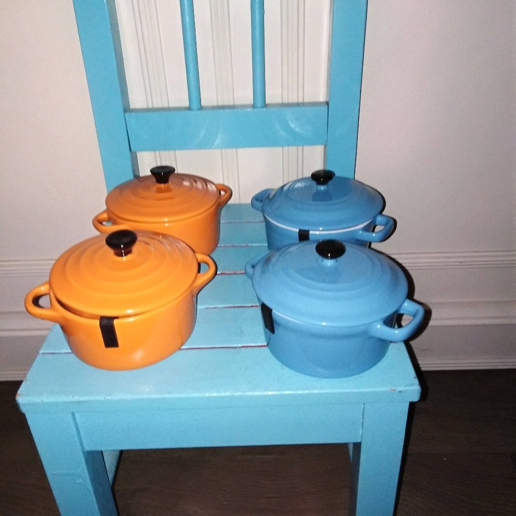 Mini pannetjes 2 x blauw 2 x oranje, Ophalen, Overige typen, Zo goed als nieuw, Steen/keramiek