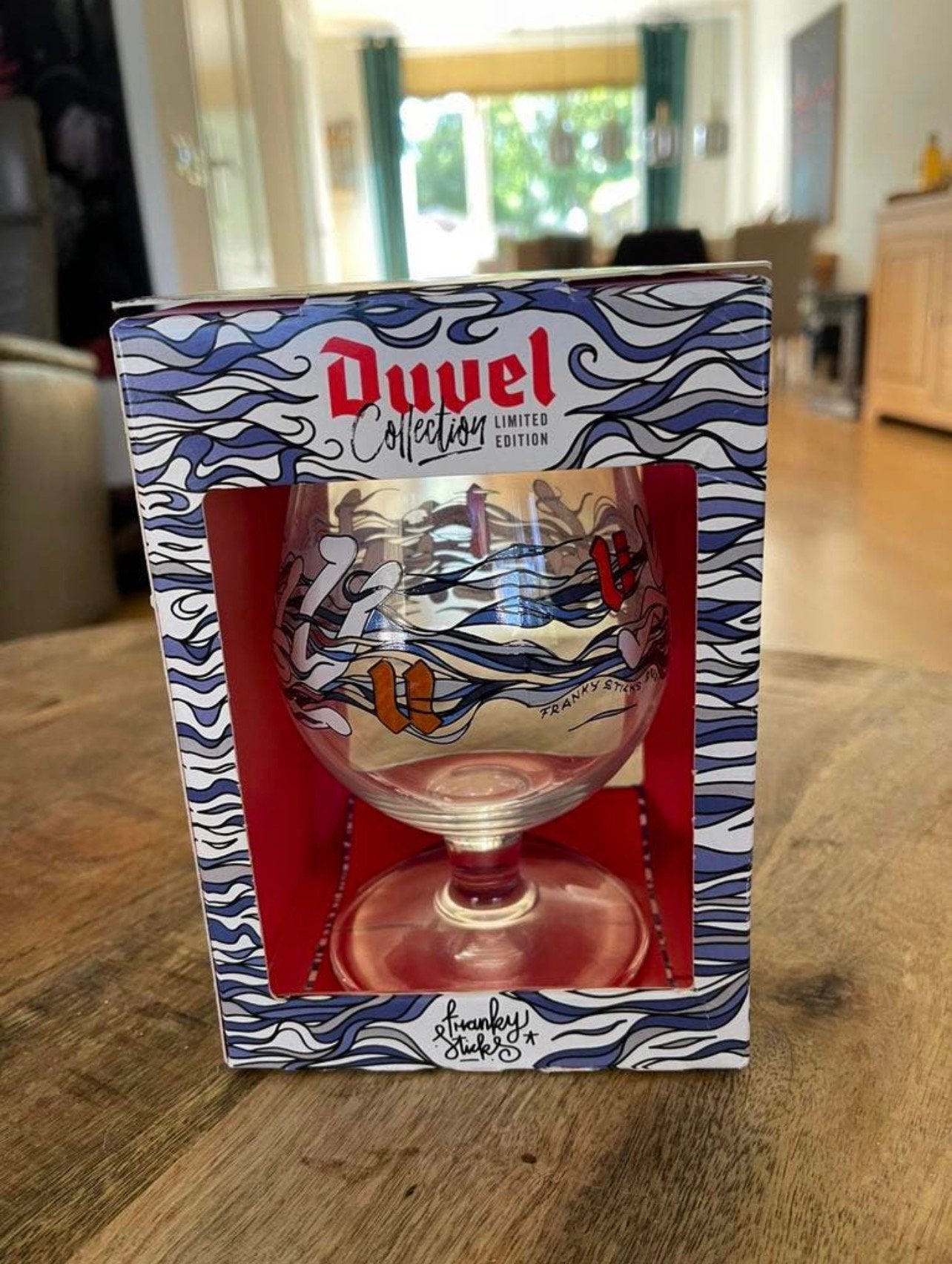 Duvel glas Franky Sticks, Verzamelen, Biermerken, Ophalen of Verzenden, Zo goed als nieuw, Glas of Glazen, Duvel
