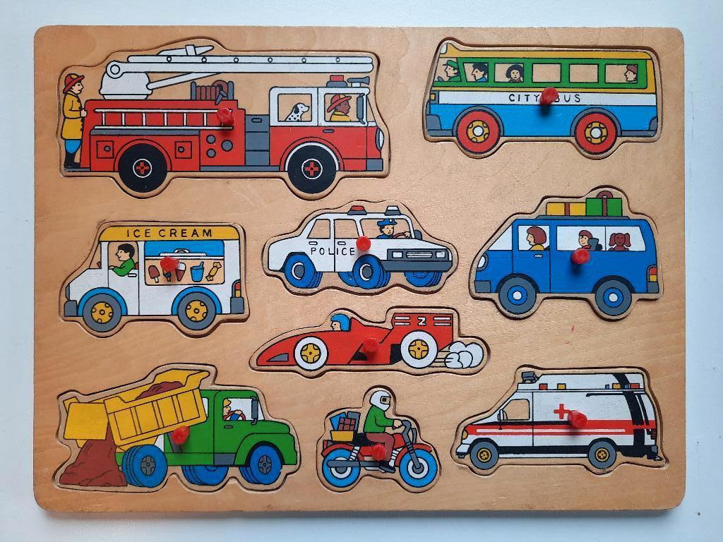 Houten puzzels - thema vervoer (3 stuks), Gebruikt, Ophalen of Verzenden, Van hout, Minder dan 10 stukjes