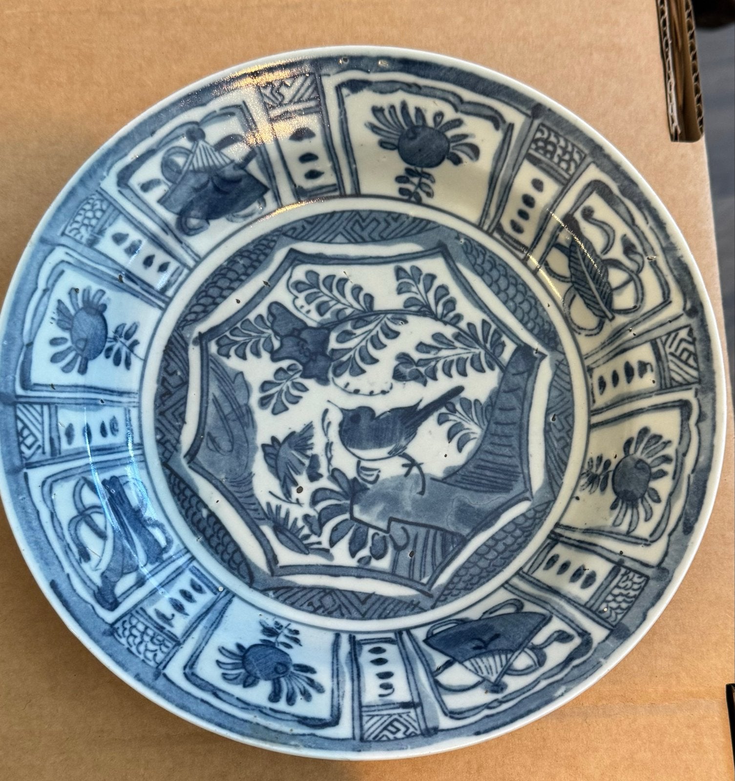 Antiek Chinees Blauw-Wit Porseleinen Bord met Vogeldecor, Ophalen of Verzenden