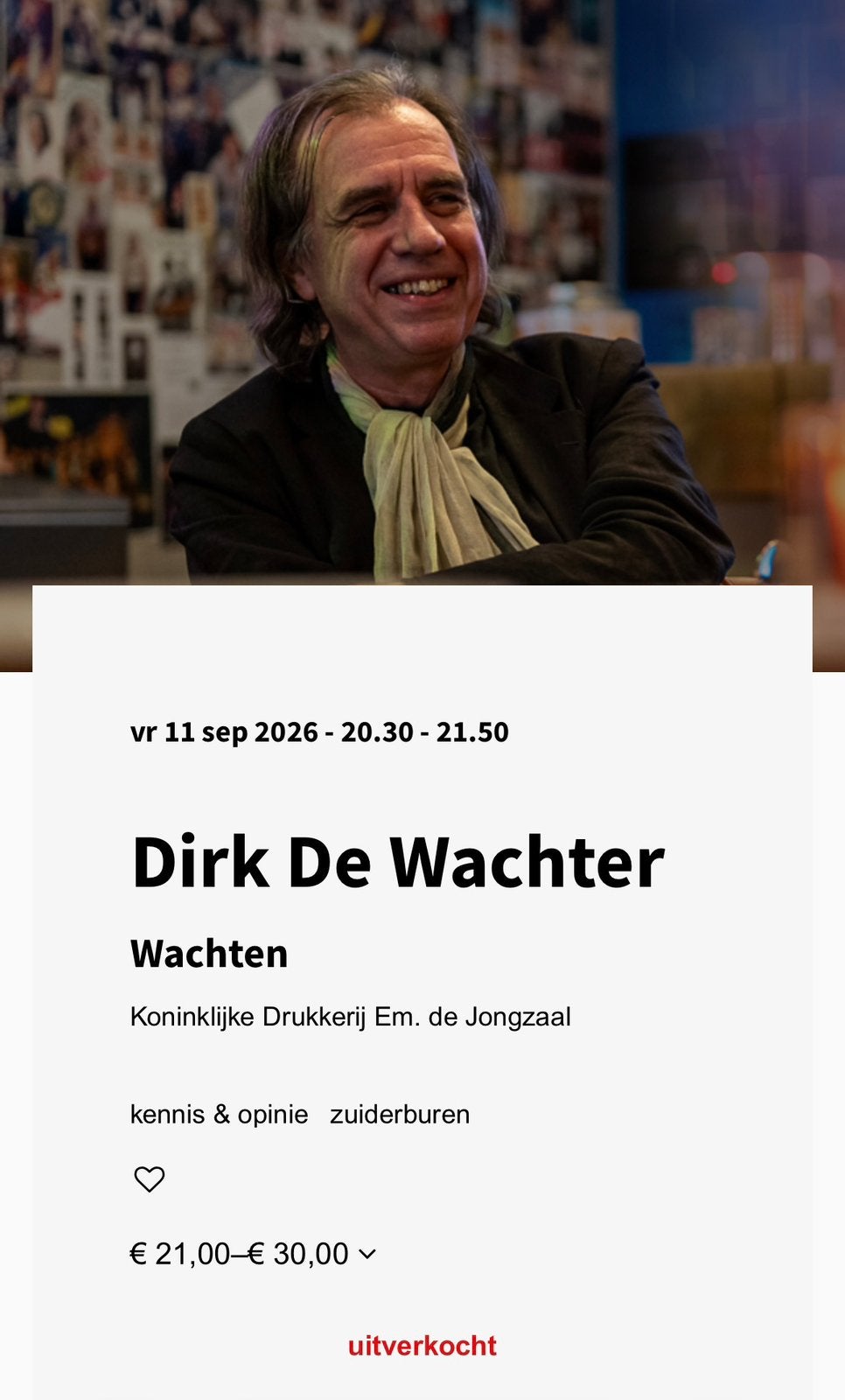 3 kaartjes Dirk de Wachter 11 september 2026, Twee personen, September