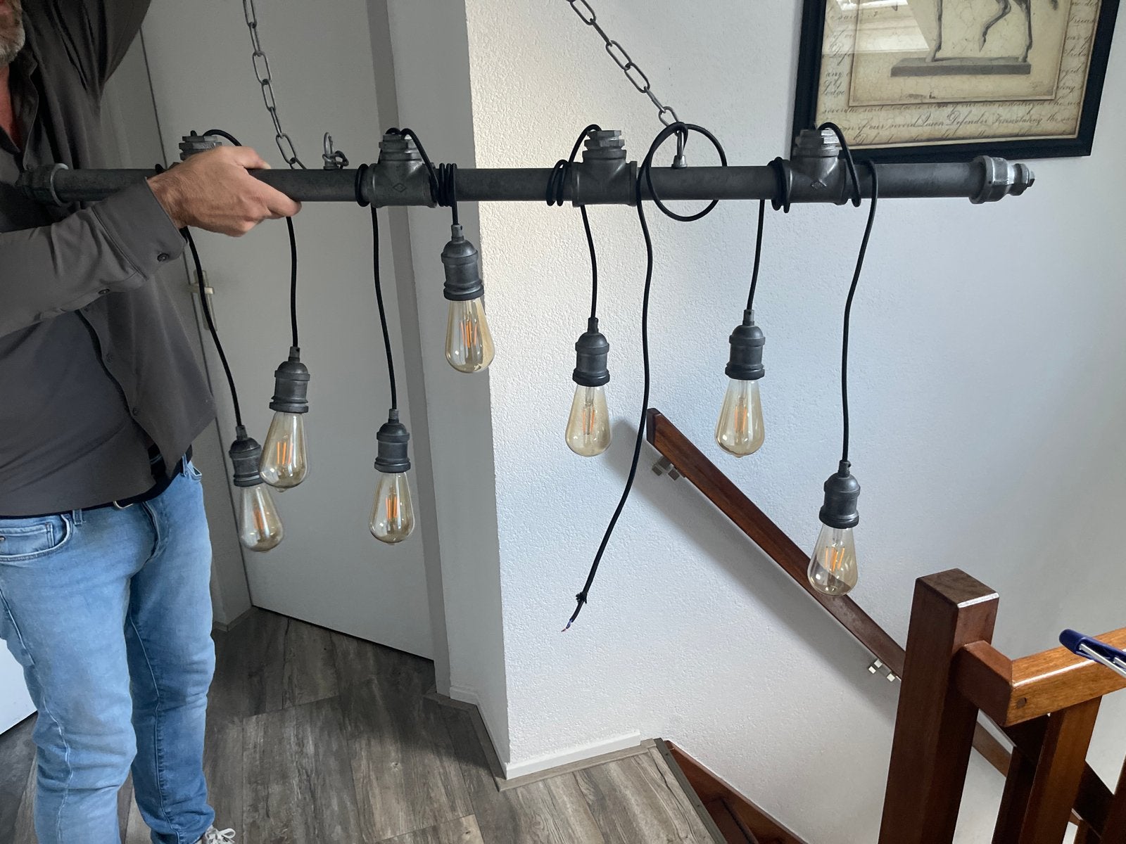 Industriële hanglamp met 6 Edison gloeilampen, Ophalen, Zo goed als nieuw, Metaal, E27 (groot)