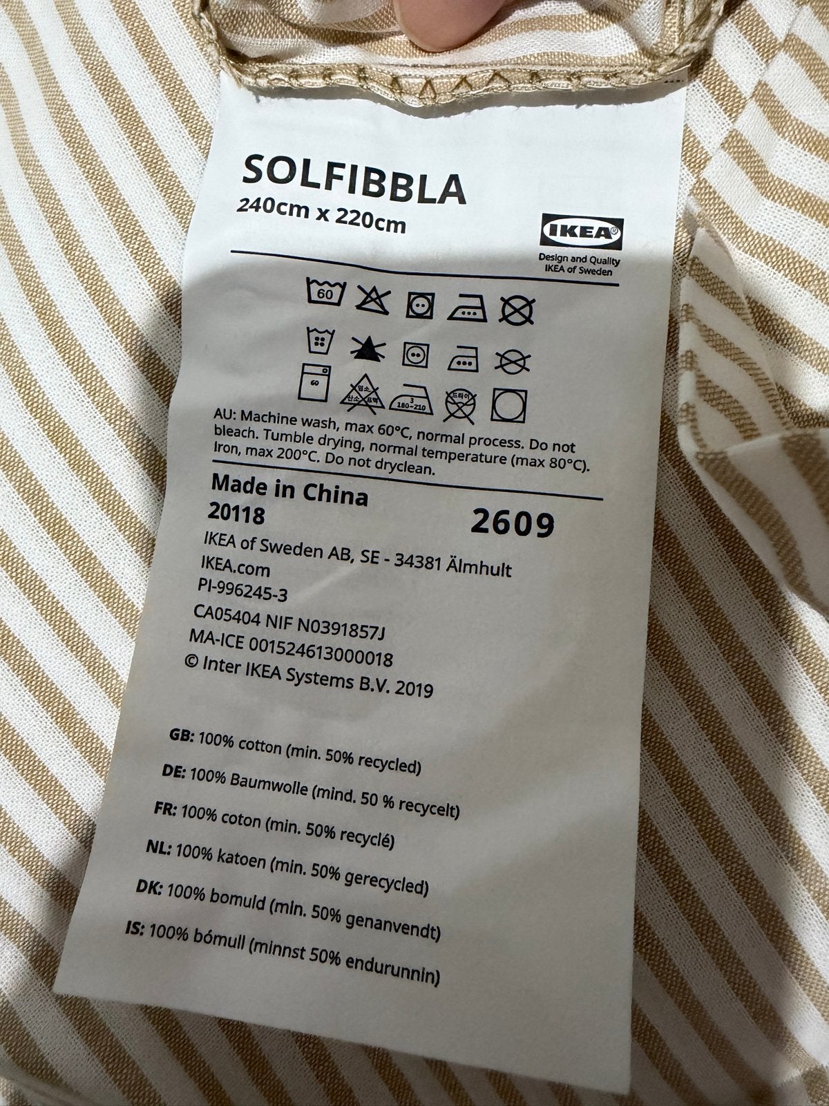IKEA SOLFIBBLA Dekbedovertrek en 2 kussenslopen, Lits-jumeaux, Beige, Dekbedovertrek, Katoen