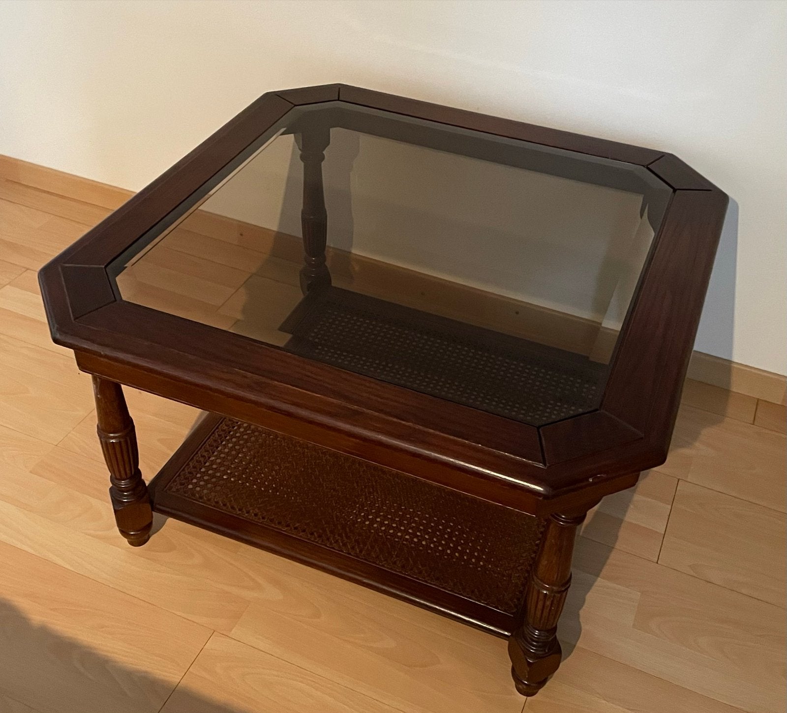 Salontafel  donker eiken met glasplaat, Ophalen, Gebruikt, 100 tot 150 cm, 50 tot 100 cm