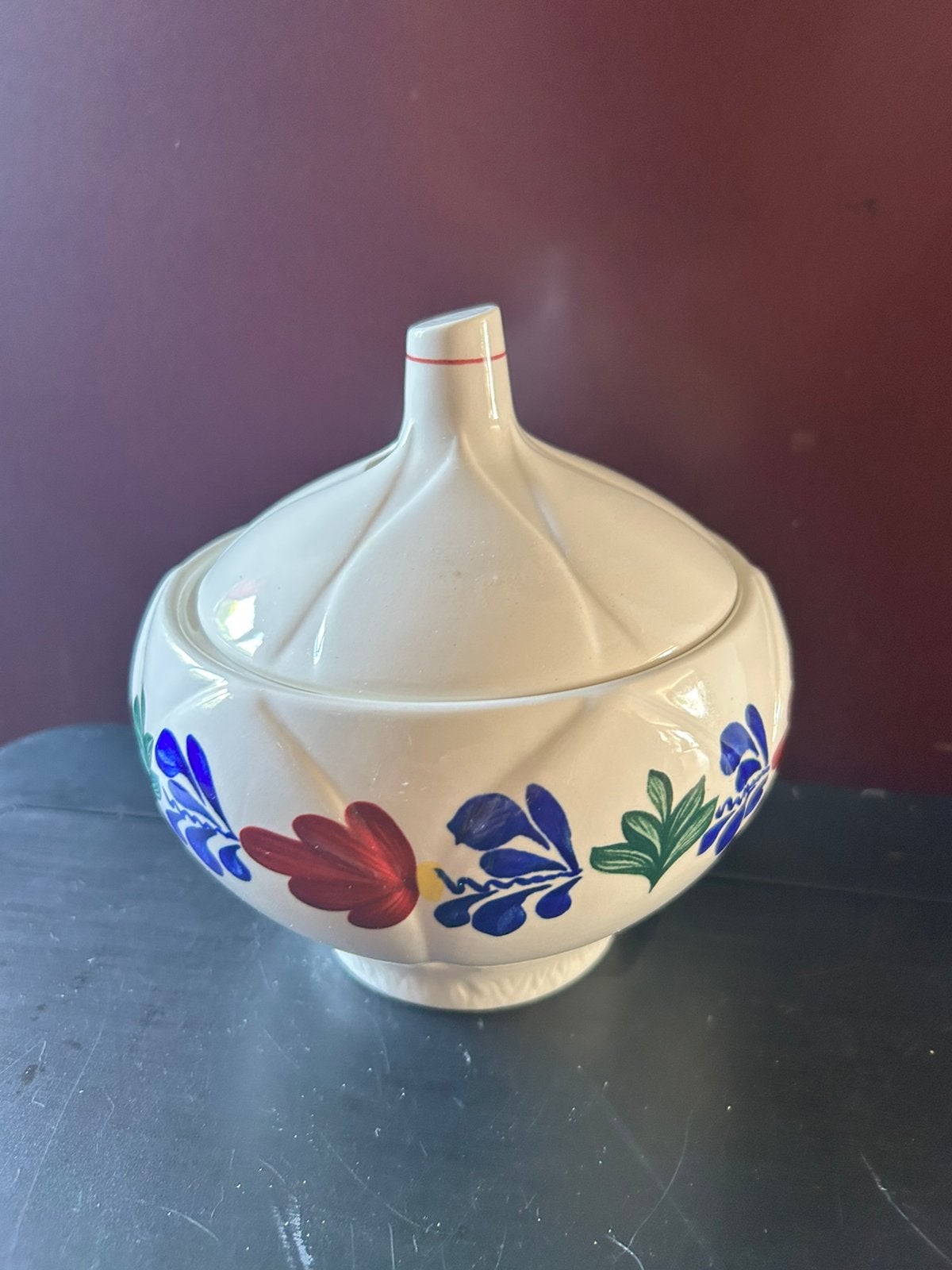 Charmante vintage boerenbont knoflookpot, Div, Ophalen of Verzenden, Zo goed als nieuw, Bord(en)