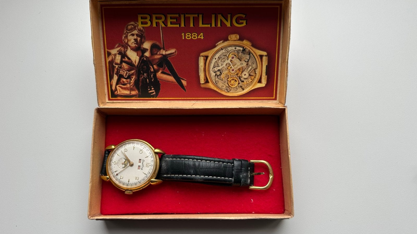 Vintage Breitling horloge met  doos, Sieraden, Tassen en Uiterlijk, Horloges | Heren, Verzenden, Goud, Leer, Breitling