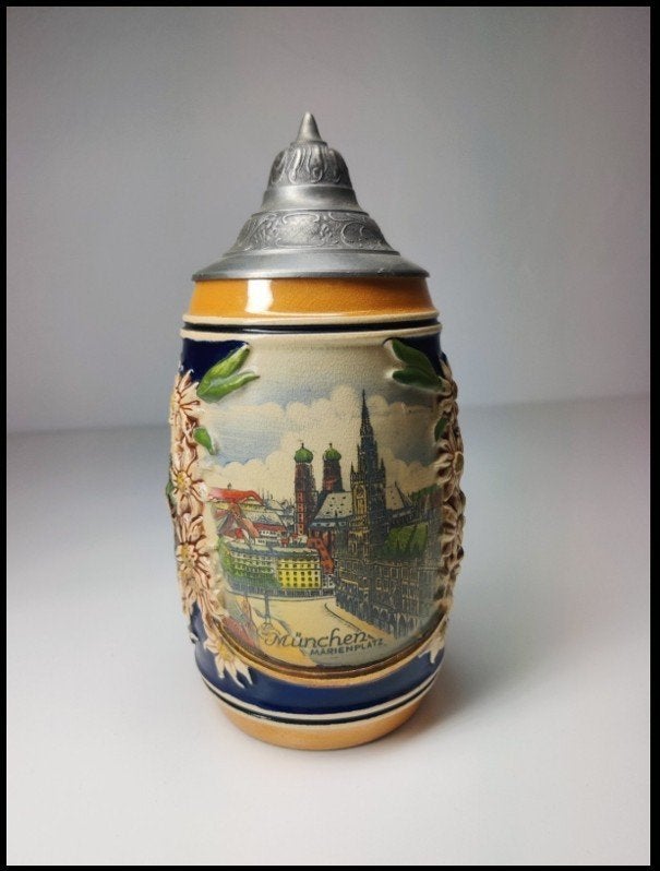Bierpul. Stein, Bierkrug. München Marienplatz. Tin deksel., Ophalen of Verzenden, Zo goed als nieuw, Pul(len), Overige merken