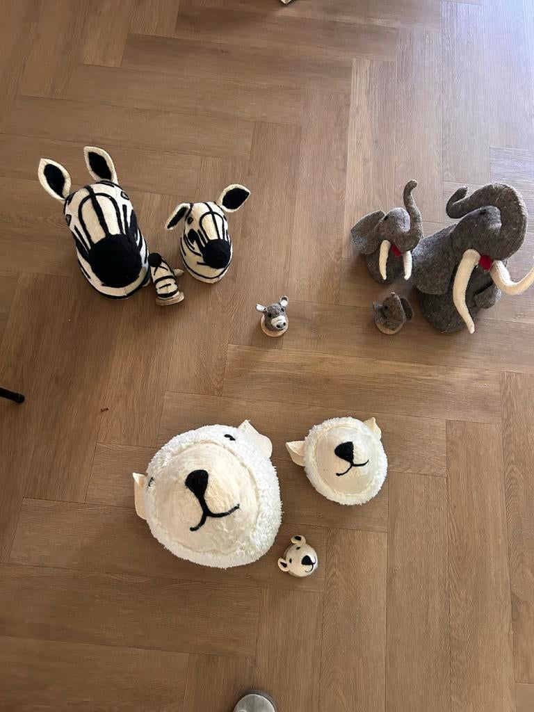 Pluche Dierenkoppen: Zebra, IJsbeer, Olifant (20, 13, 6 cm), Kinderen en Baby's, Speelgoed | Knuffels en Pluche, Ophalen, Gebruikt