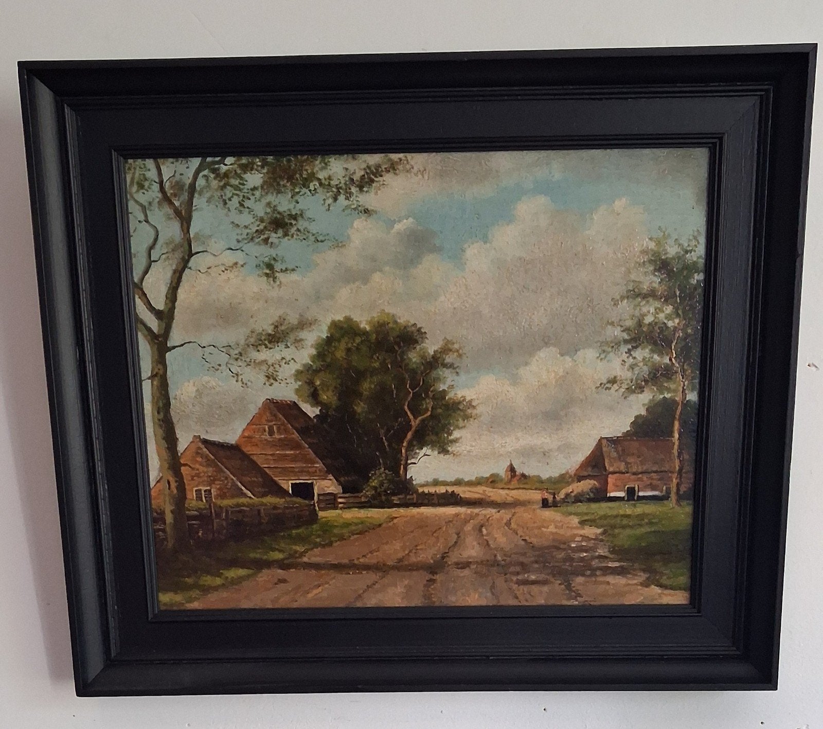 Idyllische Boerenhoeve. Olie/paneel.  Ca 1900. 37/21 cm., Antiek en Kunst, Ophalen, Paneel, Origineel werk, Impressionistisch
