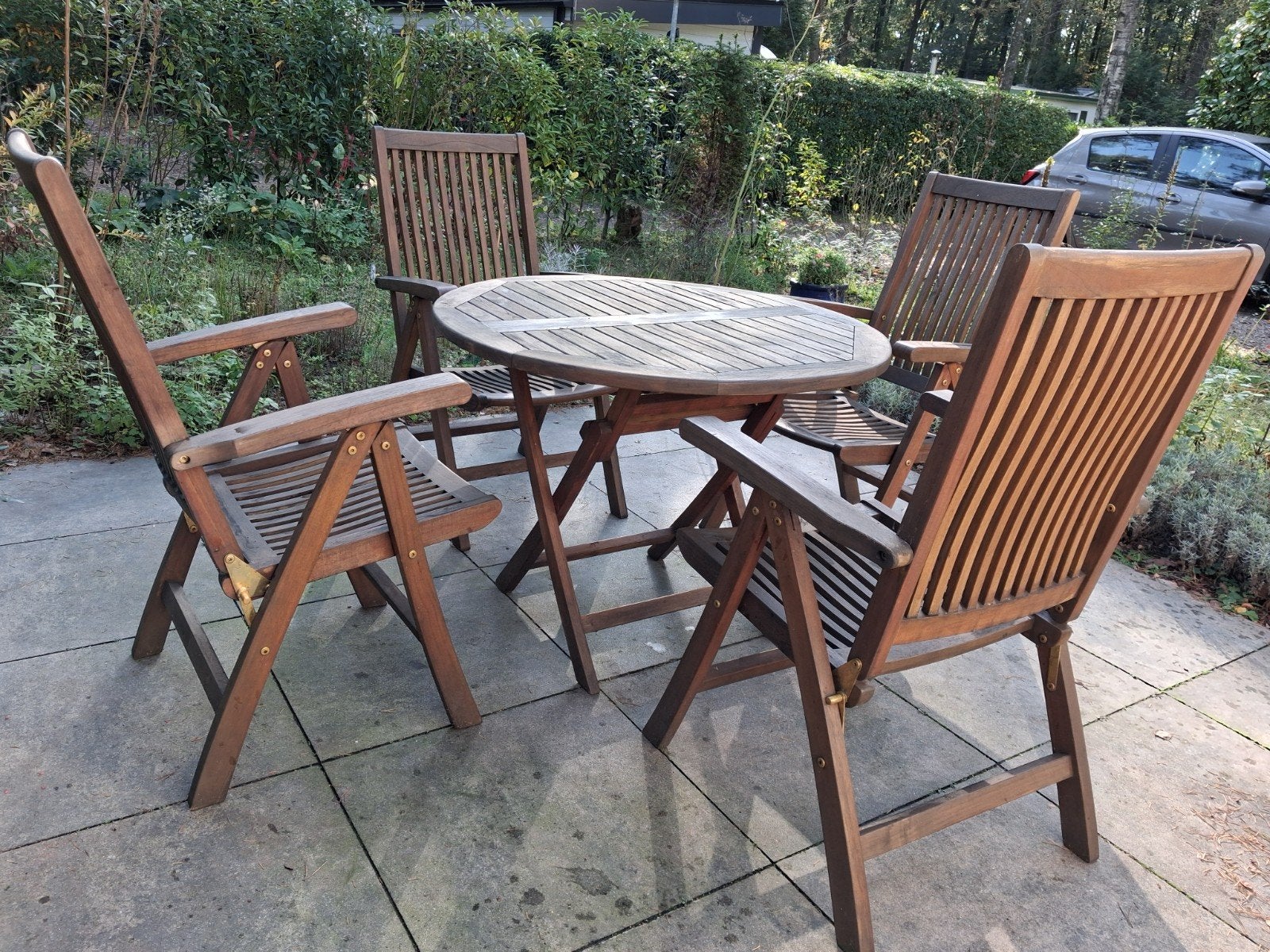 teakhouten tafel met 4 stoelen., Tuin en Terras, Ophalen, Teakhout