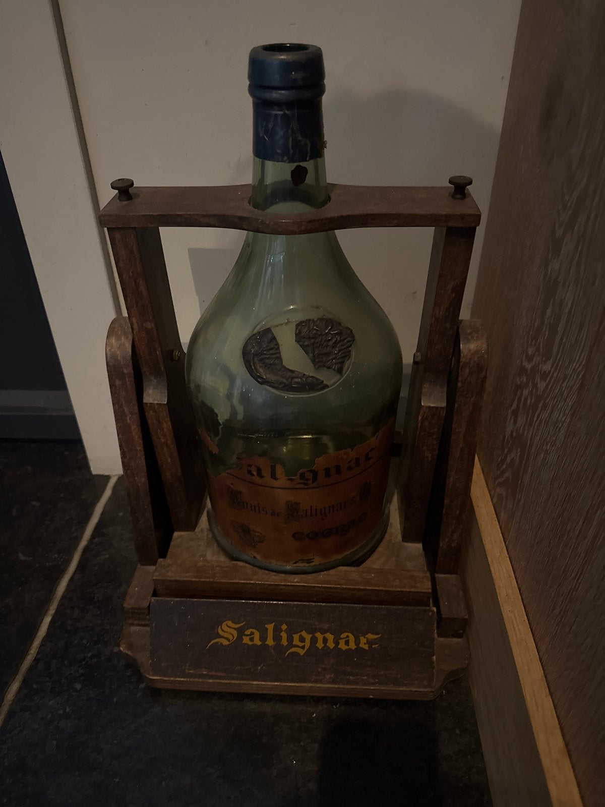 Vintage Salignac Cognac Fles in Houten Houder, Ophalen