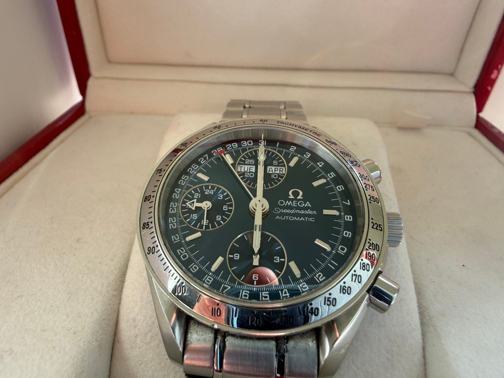 Omega speedmaster triple date, tropical dial, full set, Ophalen of Verzenden, Zo goed als nieuw, Staal, Omega