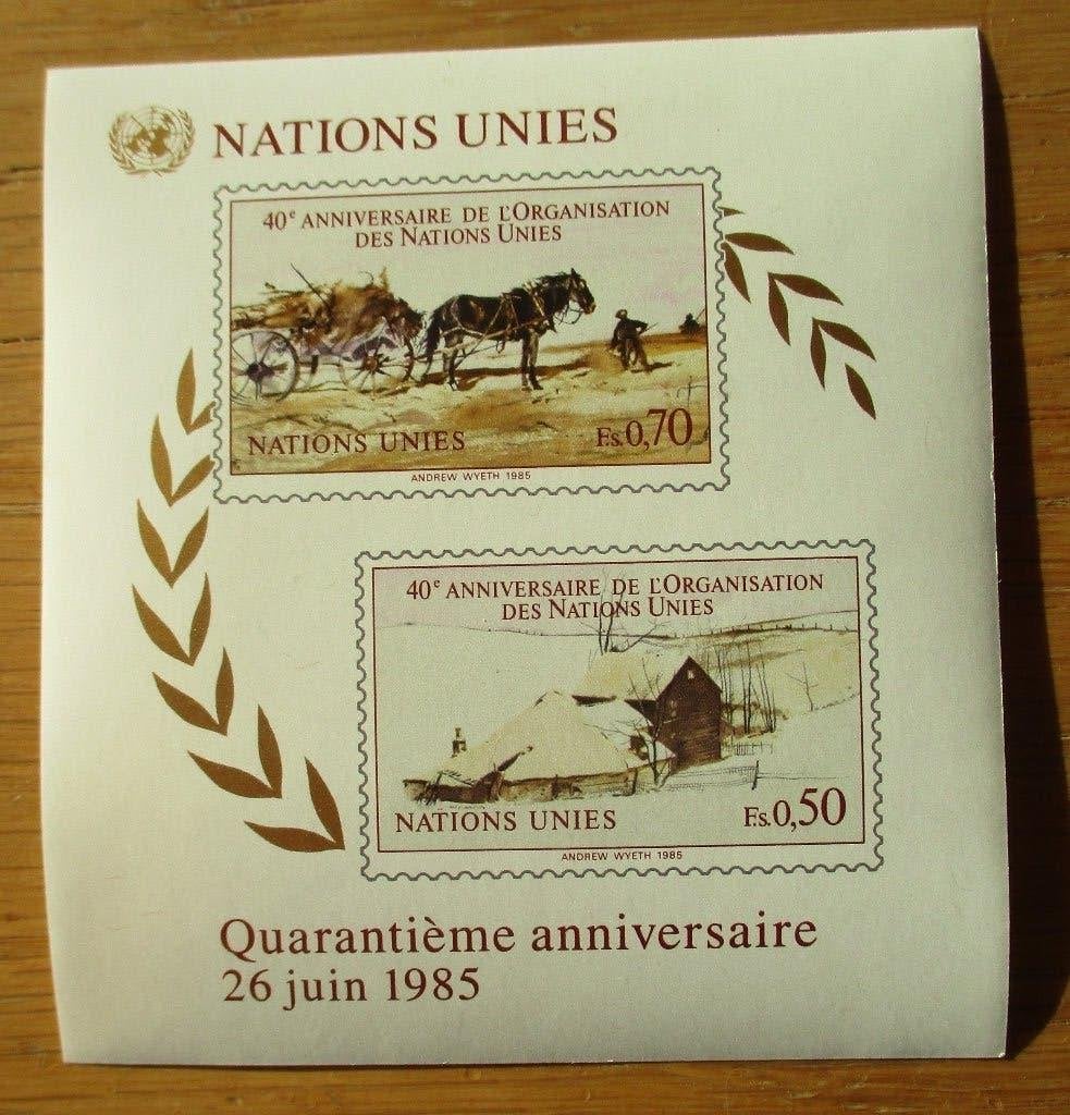 VN Genève, blokje 40 jaar Verenigde Naties, 1985, Verzenden, Overige landen, Postfris