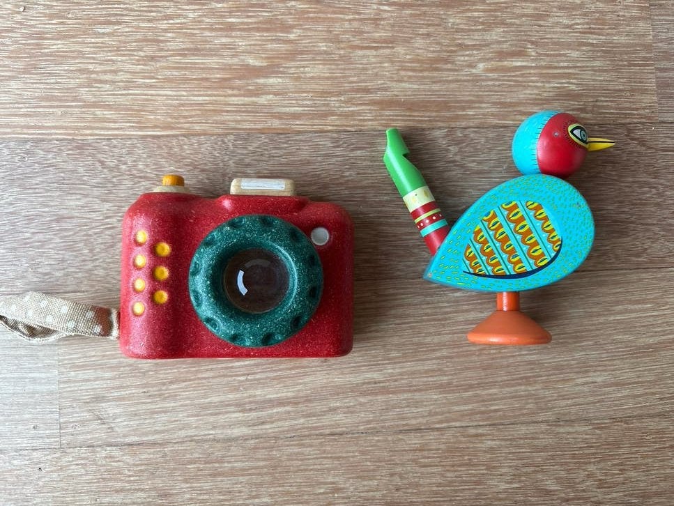 Houten speelgoed camera plantoys en vogel fluitje Djeco, Ophalen, Gebruikt, Jongen of Meisje