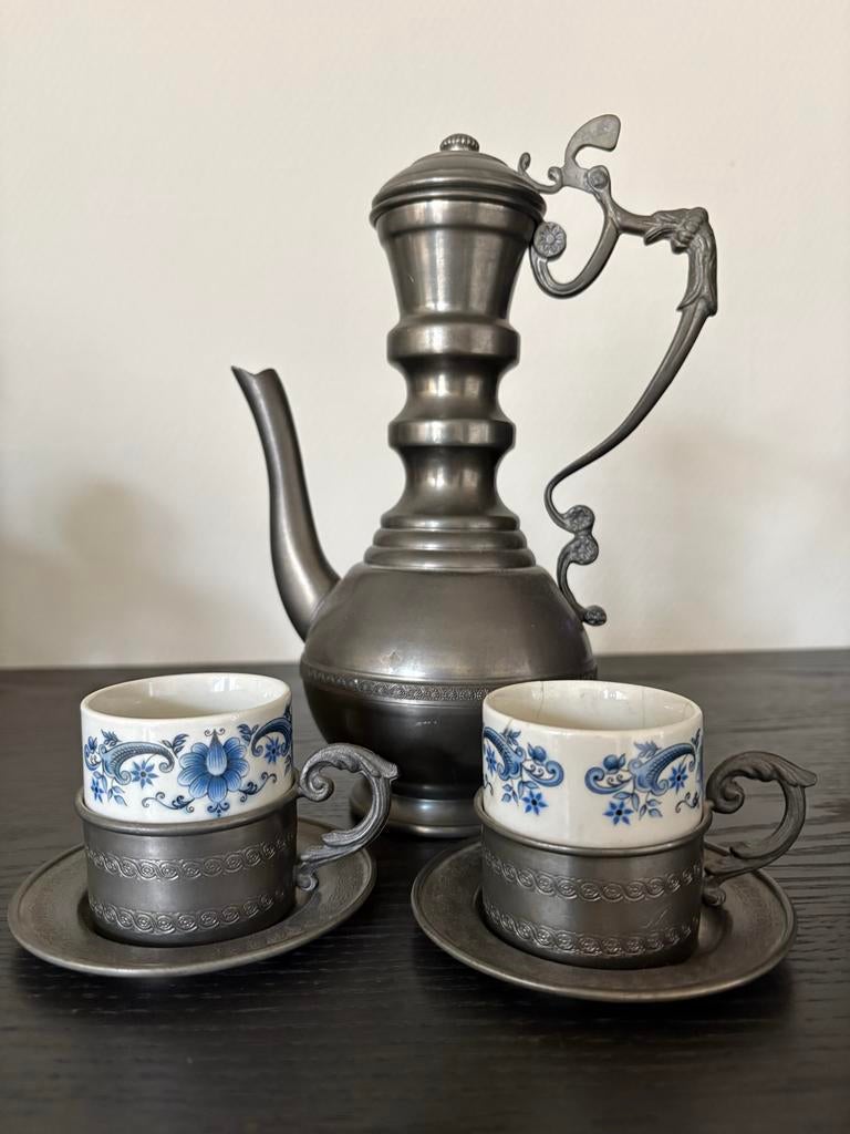 Antieke tinnen koffiekan met twee kopjes, Antiek en Kunst, Antiek | Tin, Ophalen