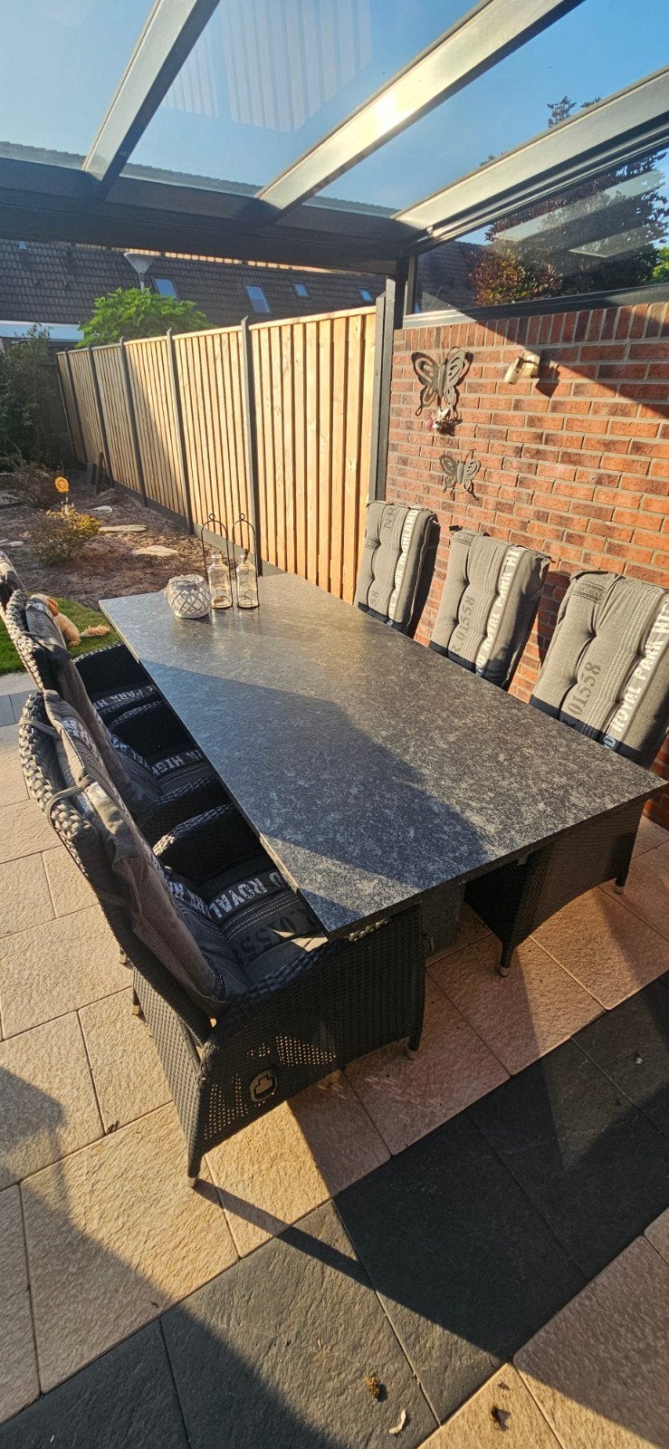 Granieten tuinset 220x100cm met 6 wicker stoelen, Tuin en Terras, Ophalen, Zo goed als nieuw, 6 zitplaatsen, Tuinset