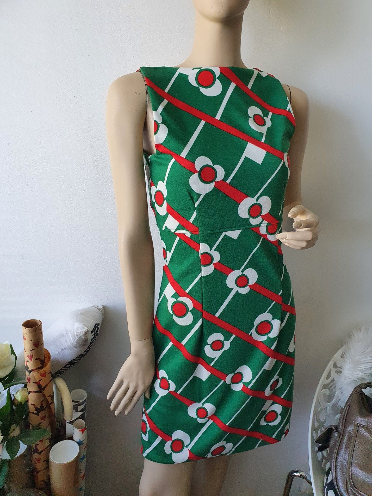 Jurk met retro/vintage print maat S, Ophalen of Verzenden, Zo goed als nieuw, Maat 36 (S), Onder de knie