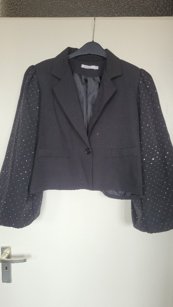 Kort jasje zwart met glittermouwen mt.M/L, Kleding | Dames, Maat 38/40 (M), Zwart, Ophalen of Verzenden, Zo goed als nieuw