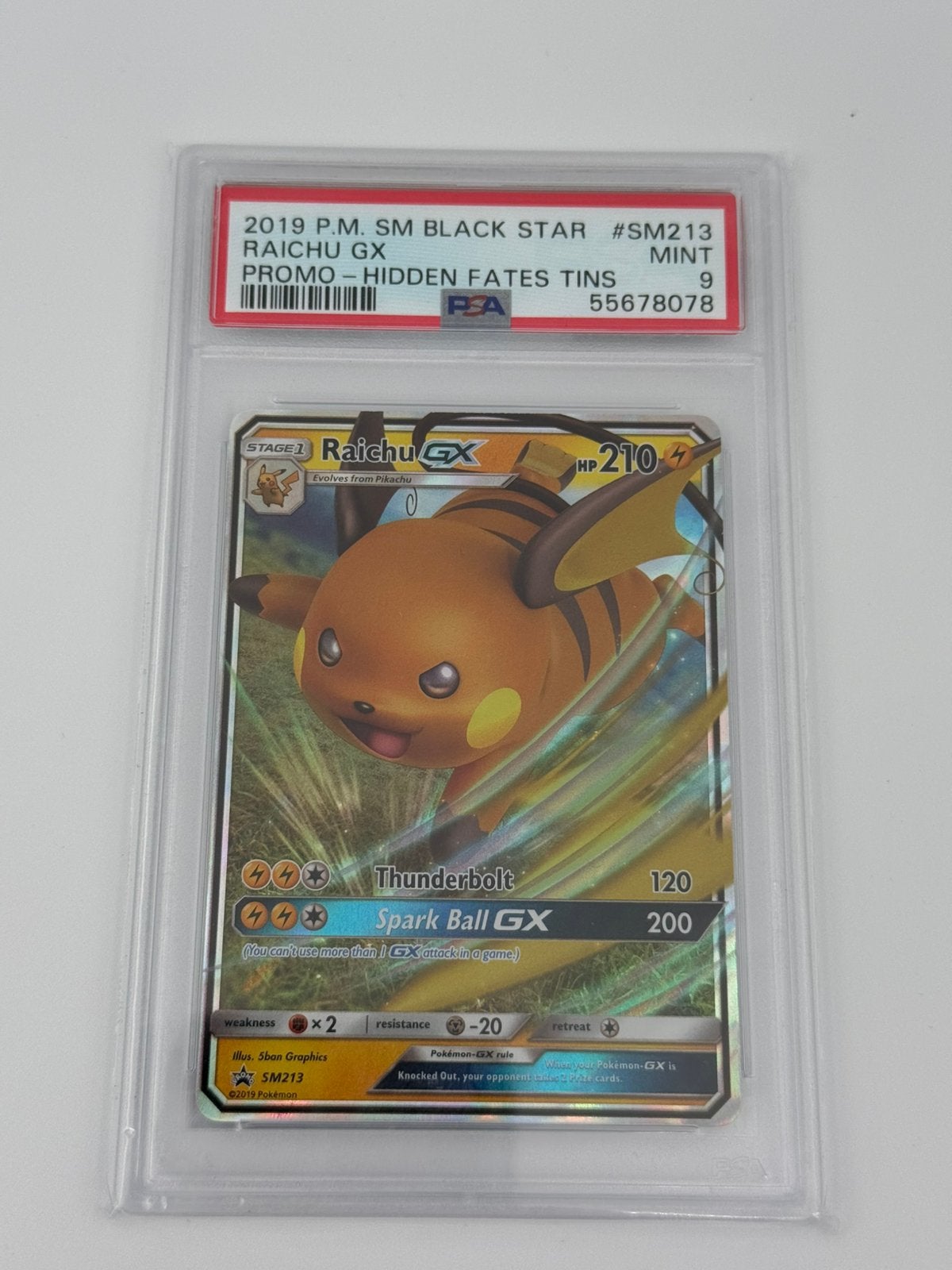 Raichu GX SM213 PSA 9 – Hidden Fates Black Star Promo, Ophalen of Verzenden, Zo goed als nieuw