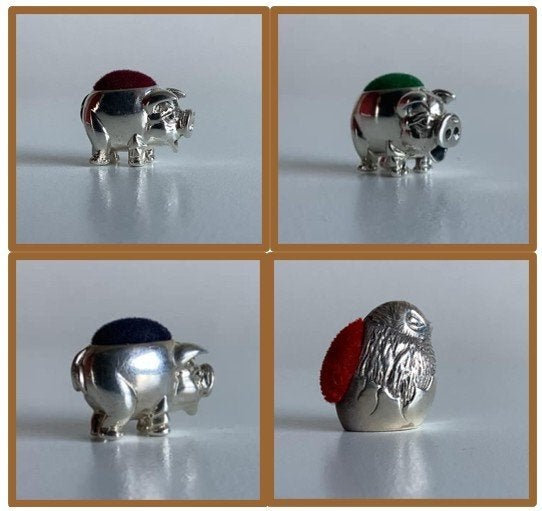 zilveren miniatuur speldenkussentjes varkentjes / vogel, Ophalen of Verzenden