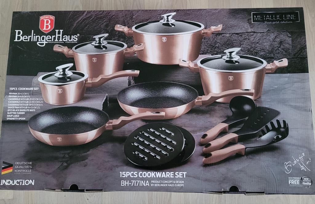 Nieuw in doos: Berlinger Haus 15-delige Pannenset Rose Gold, Ophalen, Inductieplaat, Pannenset, Nieuw