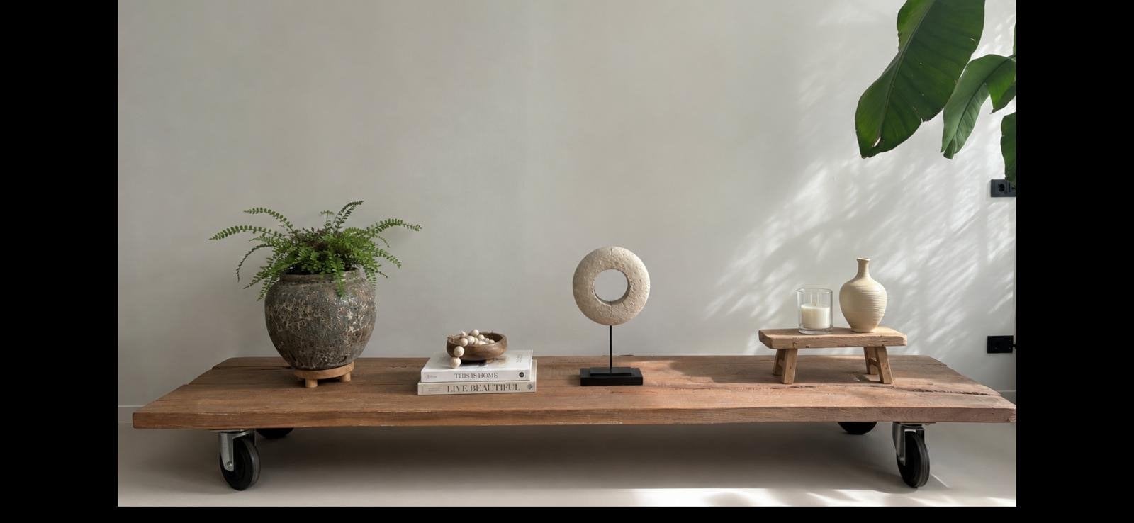 Robuuste eikenhouten “side” table met wielen, Ophalen, Gebruikt, Eikenhout, 200 cm of meer