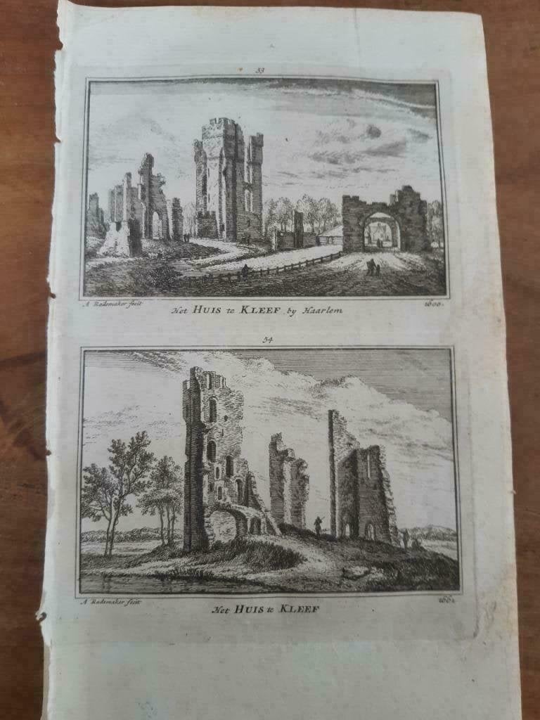 53,54/Ruïnes Huis te Kleef te Haarlem. Gravure uit 18e eeu, Antiek en Kunst, Ophalen of Verzenden