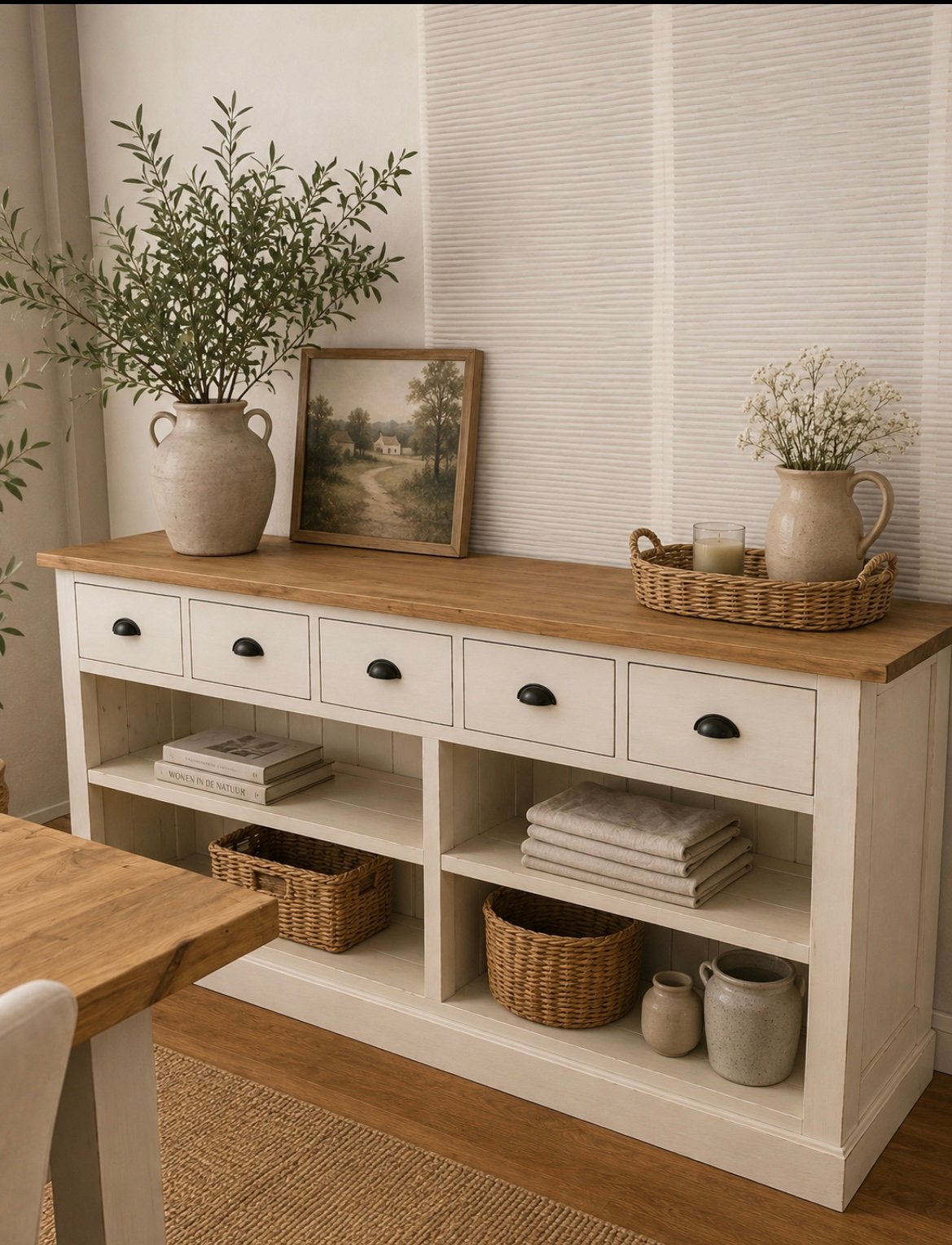 Dressoir 5 lades wit met houtenblad Nieuw staat !!, Ophalen, Met plank(en), Middelweg 30, 150 tot 200 cm