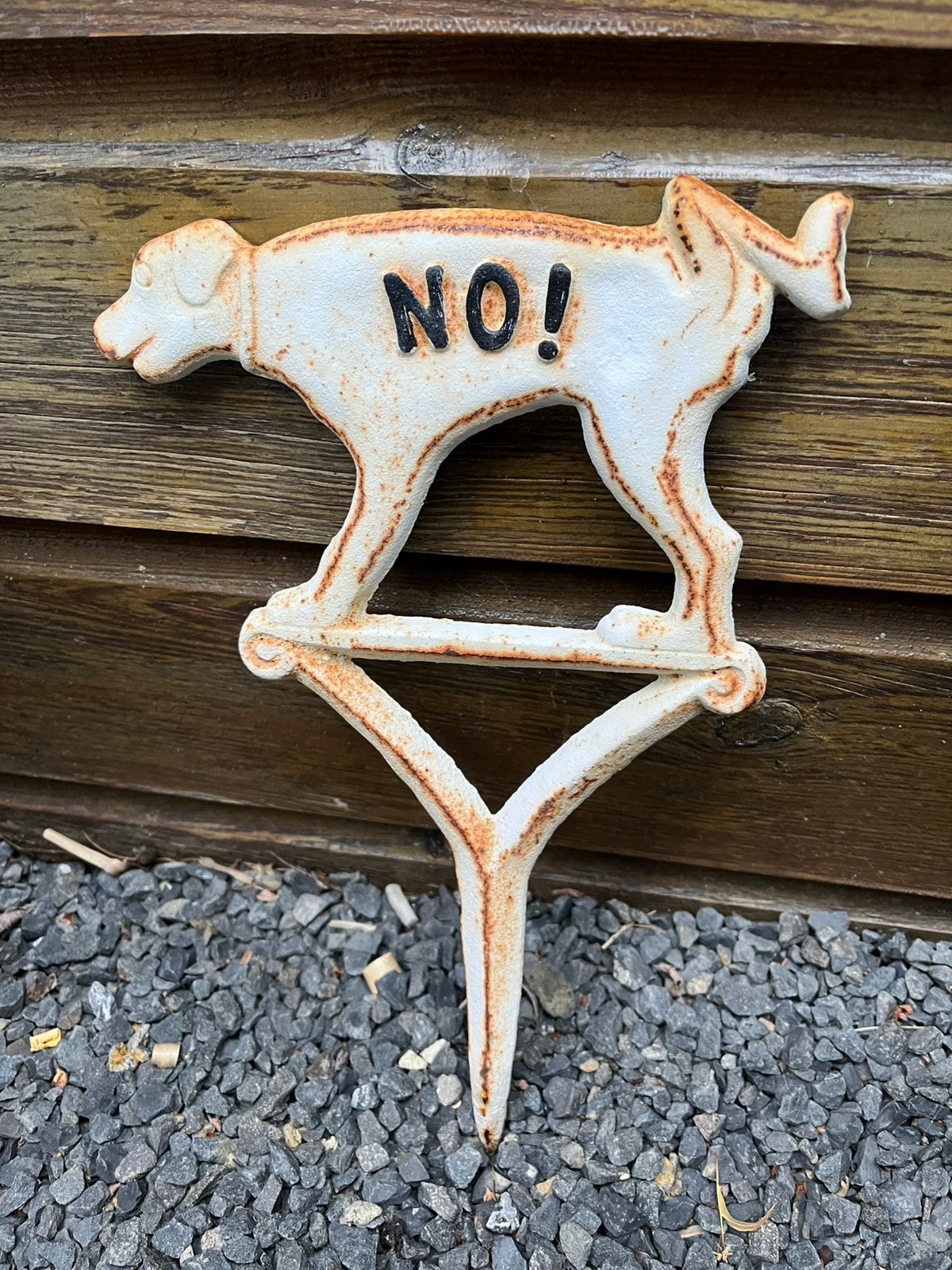 Gietijzeren honden bordje NO! - grondpin, Tuin en Terras, Tuinbeelden, Ophalen, Gebruikt, Overige materialen, Dierenbeeld
