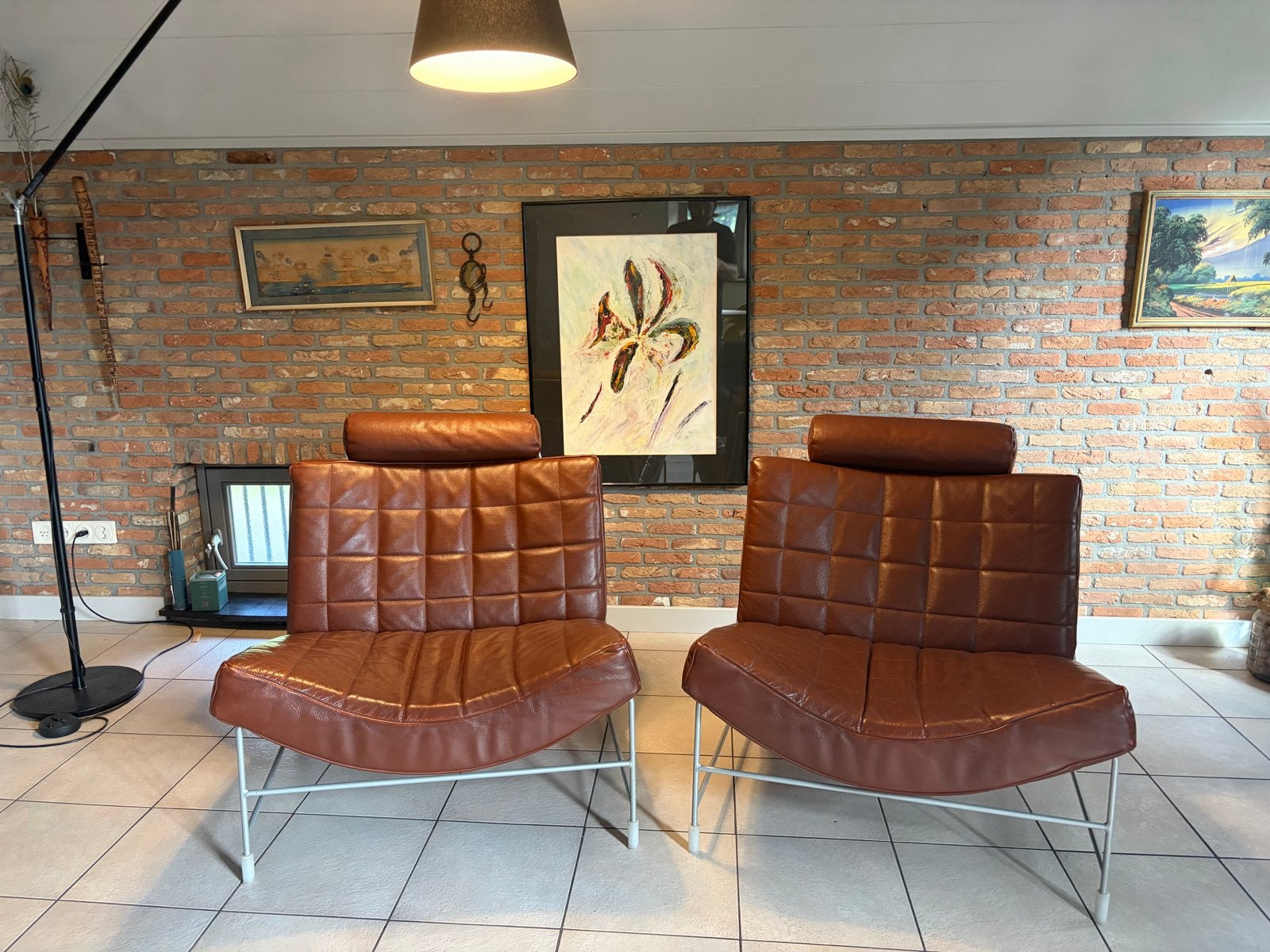 2 vintage leren fauteuils - lelolux volare, Gebruikt, Ophalen of Verzenden, 50 tot 75 cm, Leer
