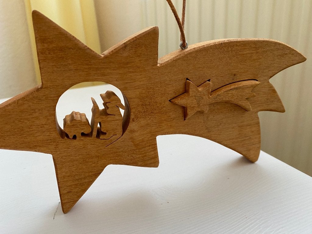 Vintage Kerst houten staart ster met herder leer koord zgan, Ophalen of Verzenden, Zo goed als nieuw