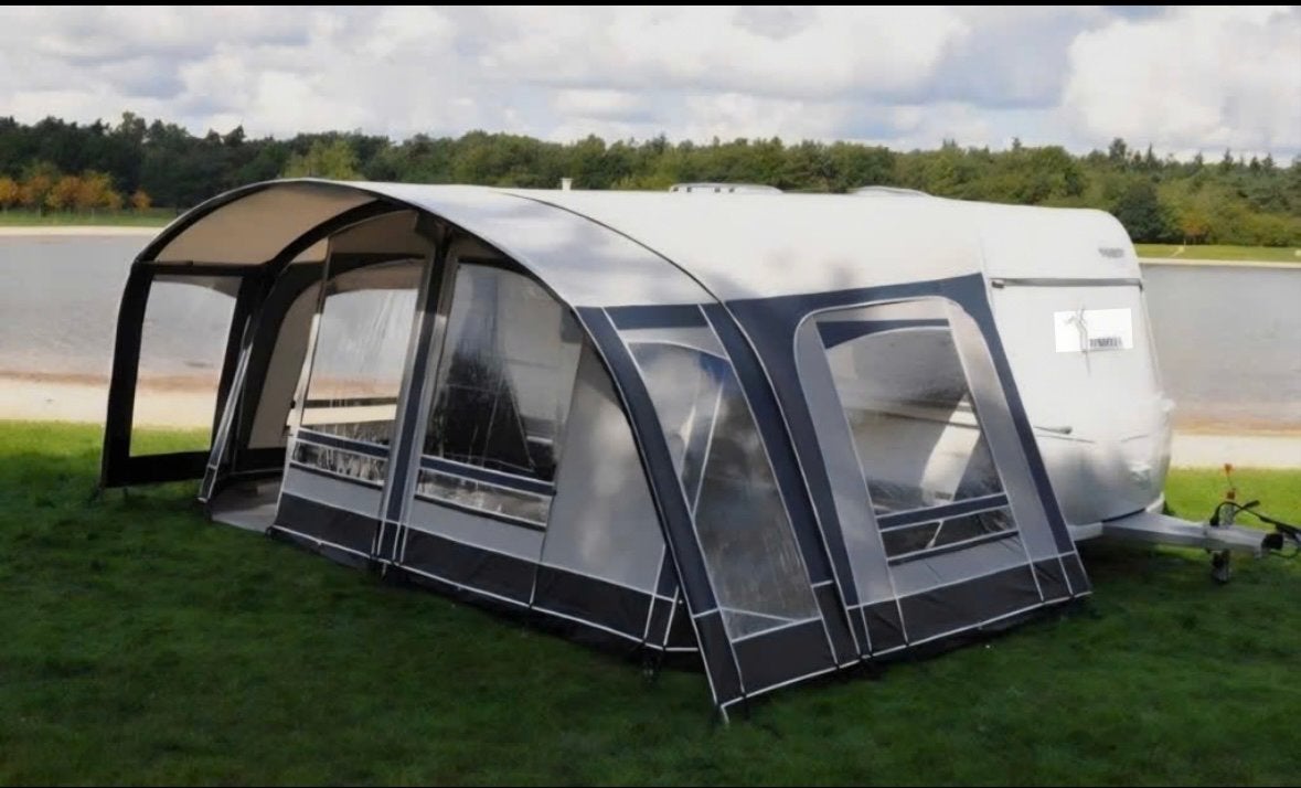 Unico voortent genua blauw/grijs, Caravans en Kamperen, Voortenten en Luifels, Ophalen, Gebruikt, Polyester, Overige merken