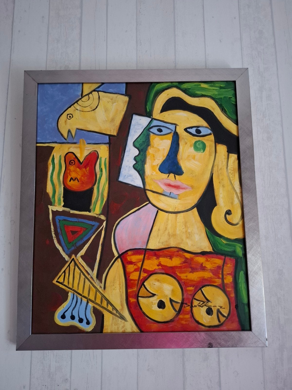 Abstract Schilderij in Picasso Stijl - Vrouw met Vis, Ophalen