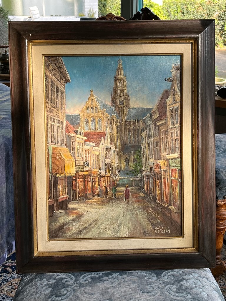 Eric Erwin - Smedestraat met Grote kerk Haarlem, Paneel, Ophalen of Verzenden, Gesigneerd, Olieverf