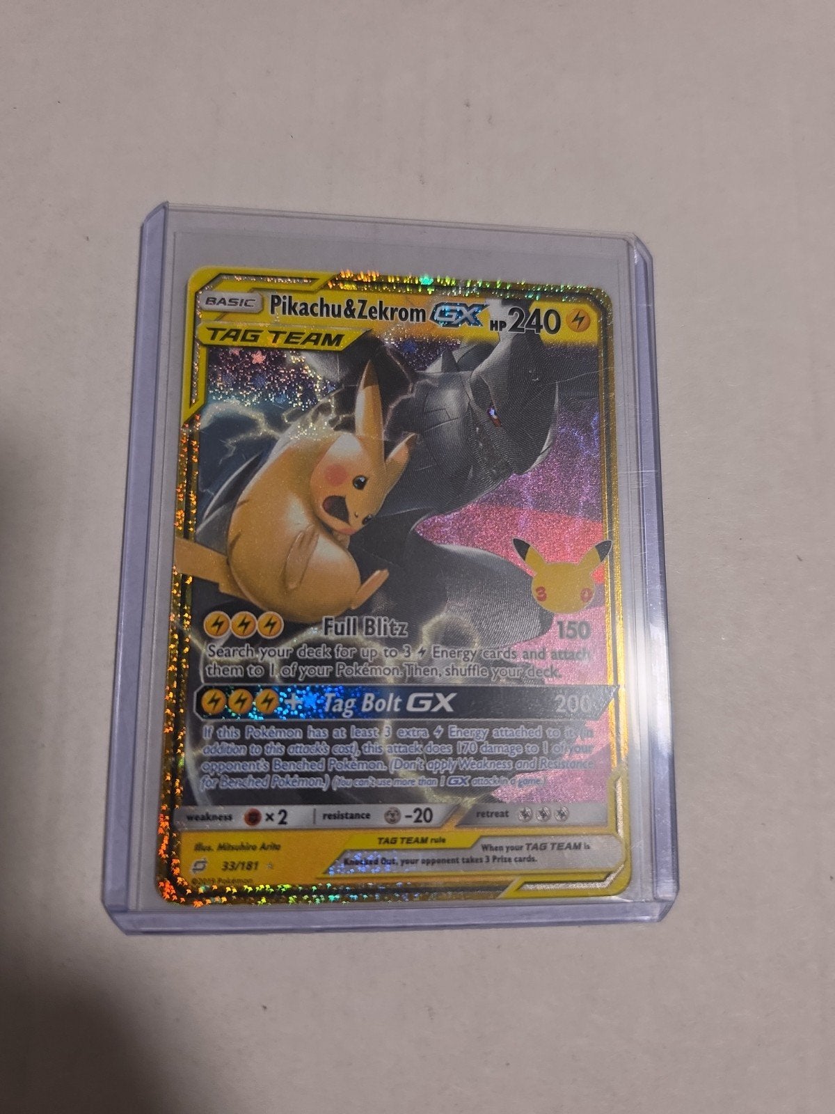Pikachu & Zekrom GX Tag Team Pokémon Kaart 25th Celebrations, Ophalen of Verzenden, Zo goed als nieuw, Losse kaart, Foil