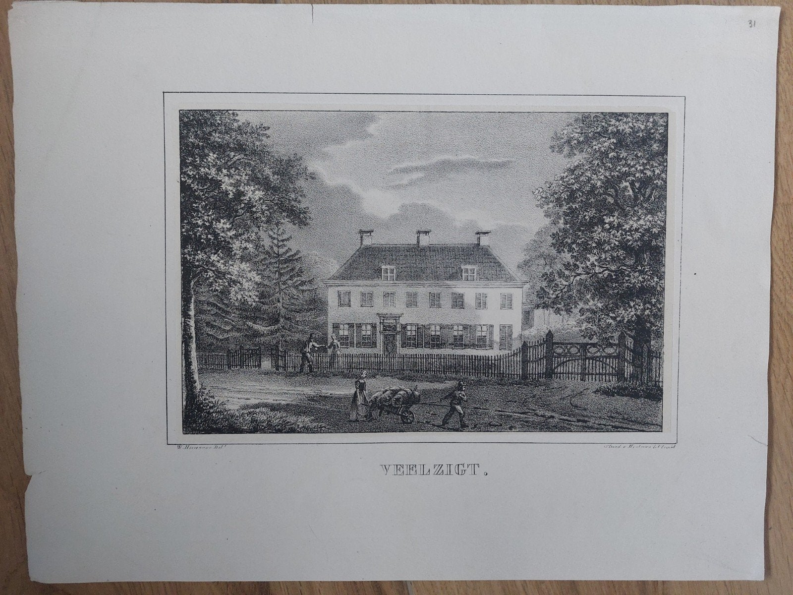 31 Veelzicht - Veelzigt Zeist - Originele steendruk uit 1829, Antiek en Kunst, Gesigneerd in de plaat, Ophalen of Verzenden, Landschappen