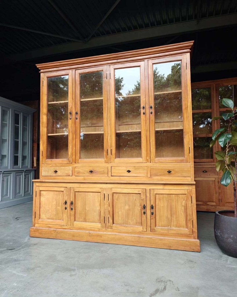 Hoge antieke winkelkast | Servieskast teakhout #7646, Huis en Inrichting, Glas, Gebruikt, Met deur(en), -