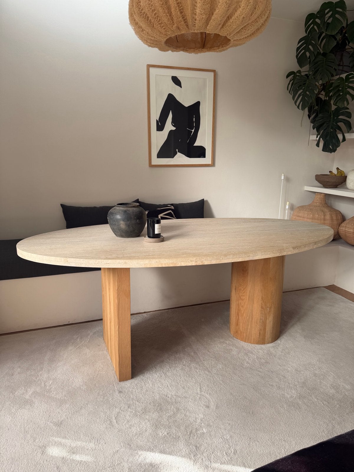 Travertin eetkamertafel 2.00 x 1.00 met houten poten, Huis en Inrichting, Gebruikt, Vijf personen of meer, 150 tot 200 cm, Ovaal
