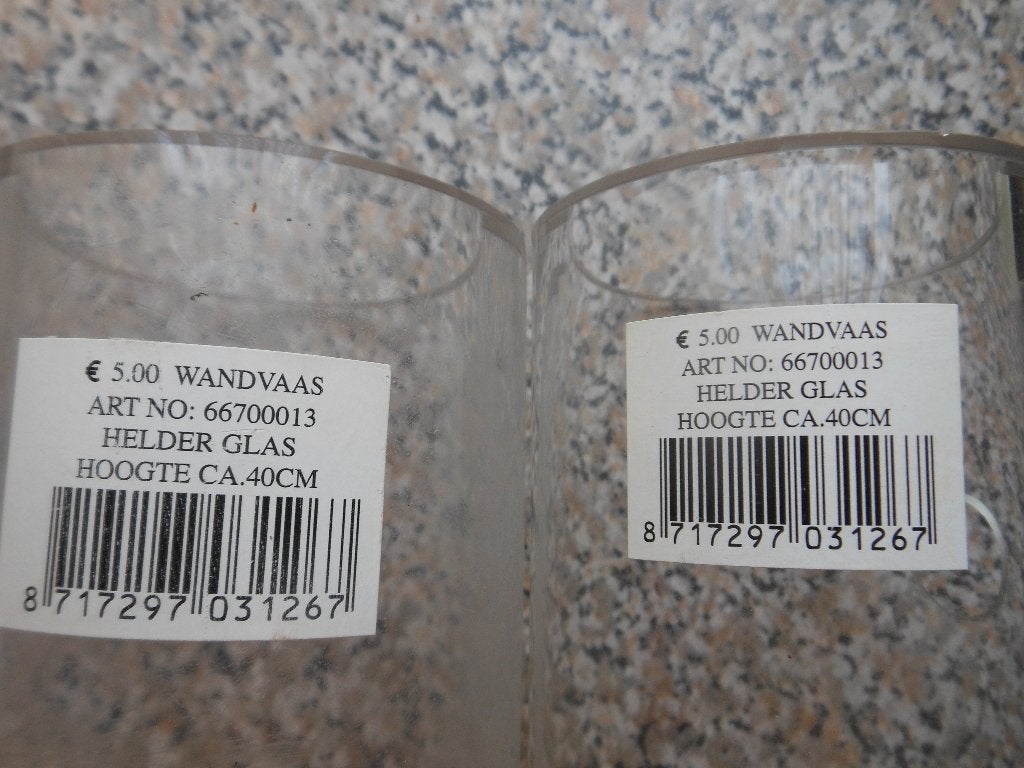 2x Glazen Wandvaas - Helder Glas - 40cm Hoog, Gebruikt, Decoratieobject, Glas, Met ophangsysteem