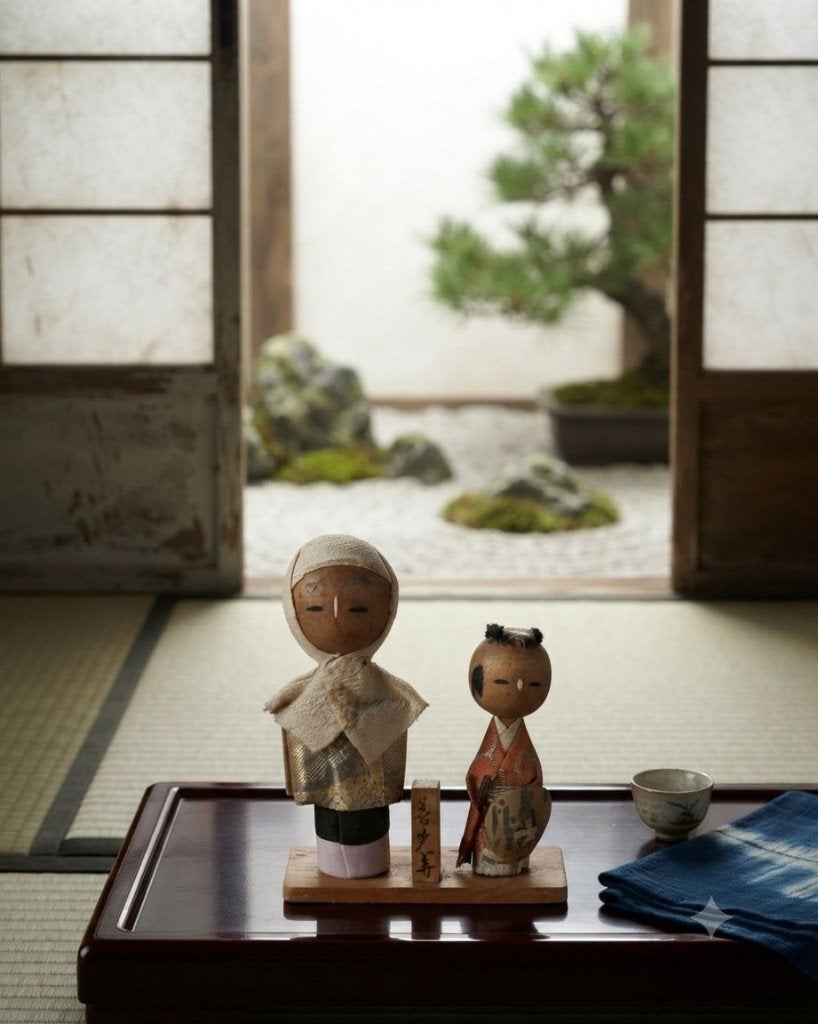 Leuk Benkei en Ushiwakamaru Kokeshi paartje, Hout, Verzenden, Japan, Meerkleurig