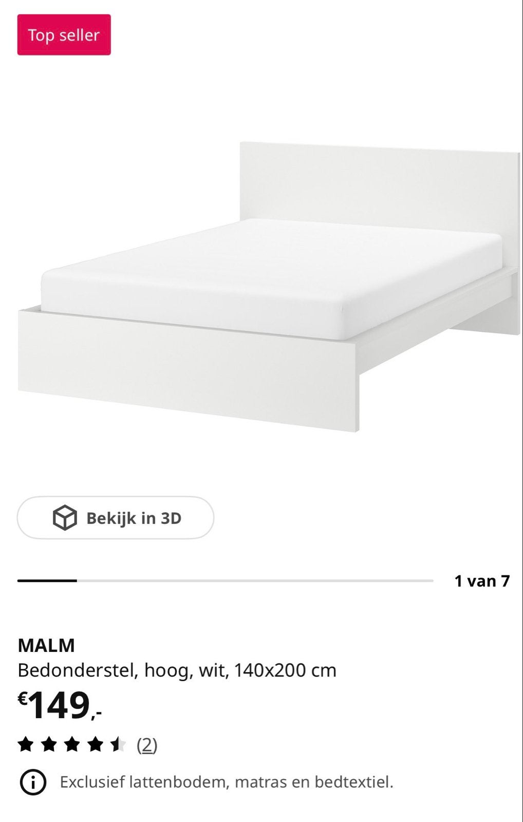 IKEA MALM Bedonderstel, hoog, wit, 140x200 cm - Nieuw in doo, Huis en Inrichting, Slaapkamer | Bedden, Ophalen, Wit, 140 cm, 200 cm