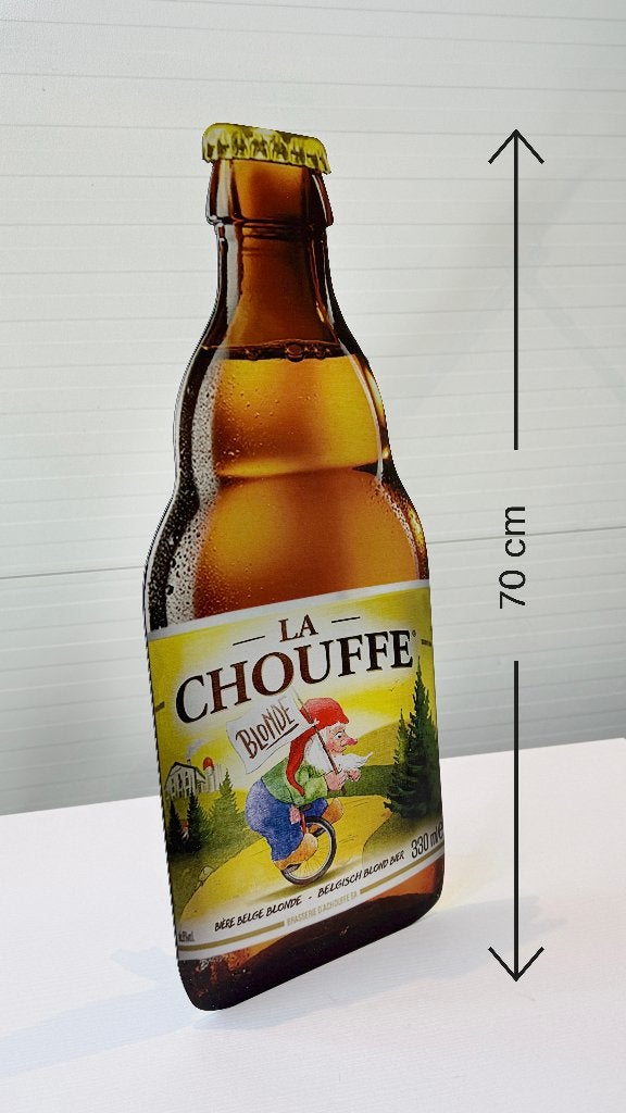 Reclamebord Chouffe bierfles groot, aluminium, afm 28x70 cm, Ophalen of Verzenden, Nieuw, Reclamebord, Plaat of Schild, Overige merken